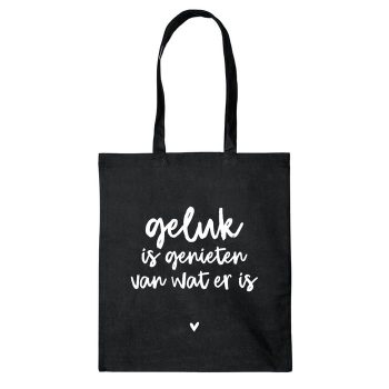 Zwarte katoenen tas met tekst 'Geluk is genieten van wat er is' | Zoedt